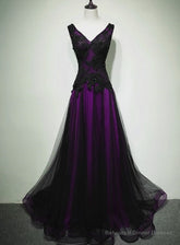 Black and Purple V-neckline A-line Prom Dress, Tulle with Lace Party Dress